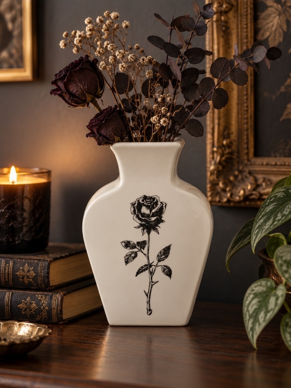 Black Rose Ceramic Vase Gothic Floral Home Decor